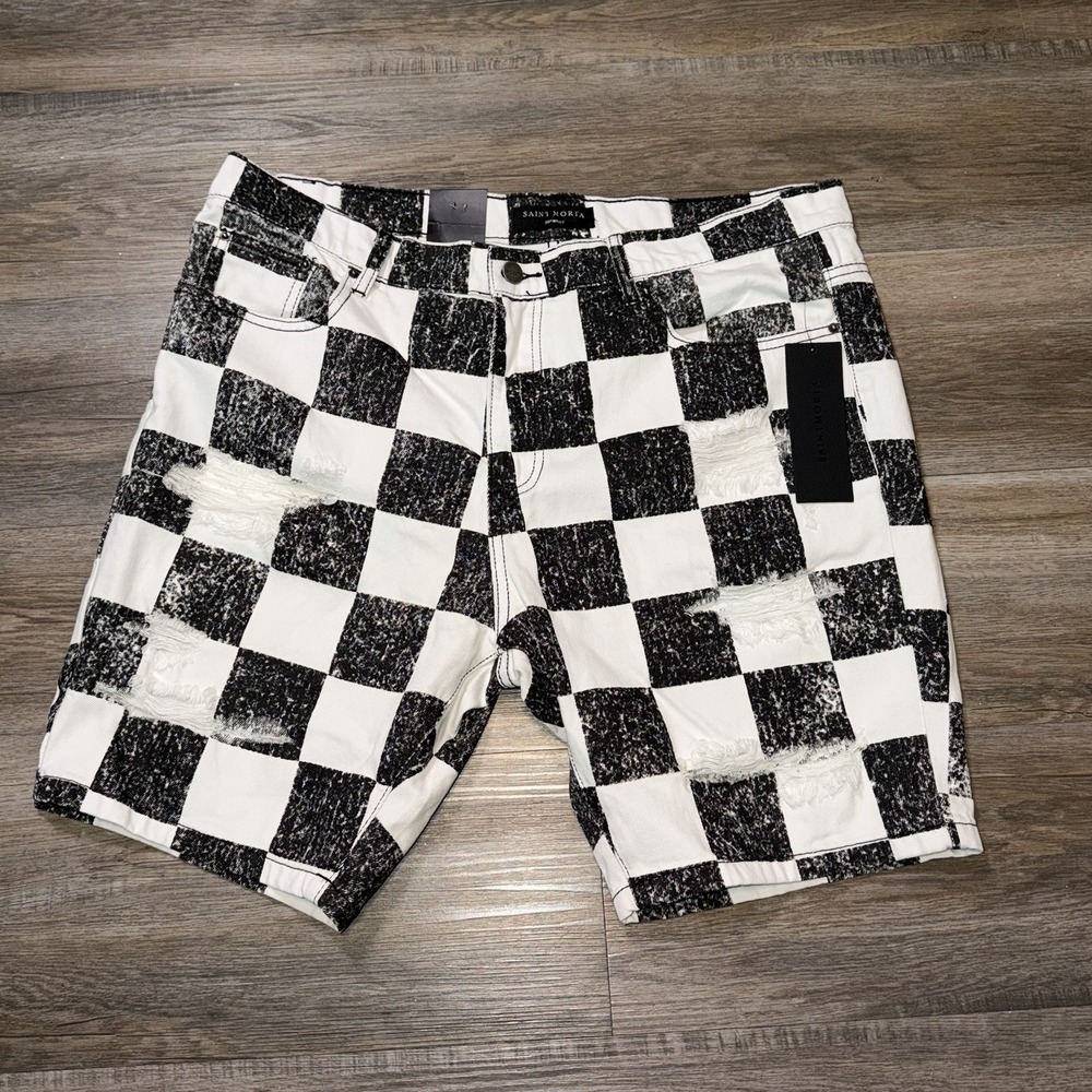 NWT Saint Morta Vintage-Like Checks Denim Shorts Mens 38W Distressed Black White